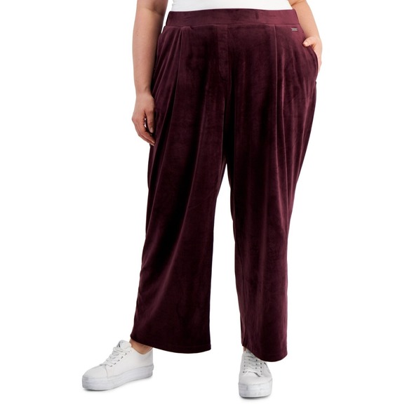 Calvin Klein‎ Pants Womens 0X Plum Plus Size Pleat Front Velour Wide-Leg NWT - Picture 1 of 9